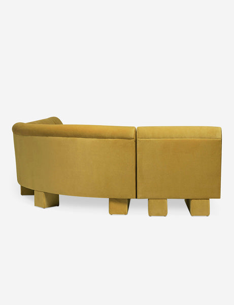 #color::goldenrod-plush-velvet #configuration::right-facing #size::142-W | Rear view of the side of the Lena left-facing yellow velvet sectional sofa with upholstered beam legs.
