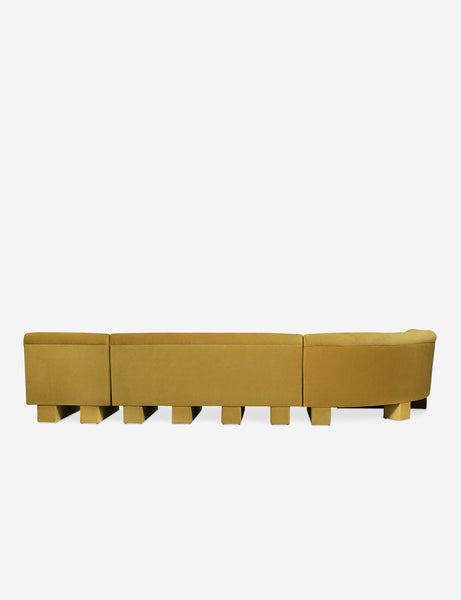 #color::goldenrod-plush-velvet #configuration::left-facing #size::142-W | Rear view of the entire Lena left-facing yellow velvet sectional sofa with upholstered beam legs.