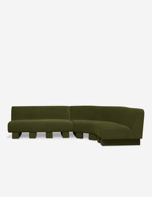 Lena right-facing gray velvet sectional sofa with upholstered beam legs.