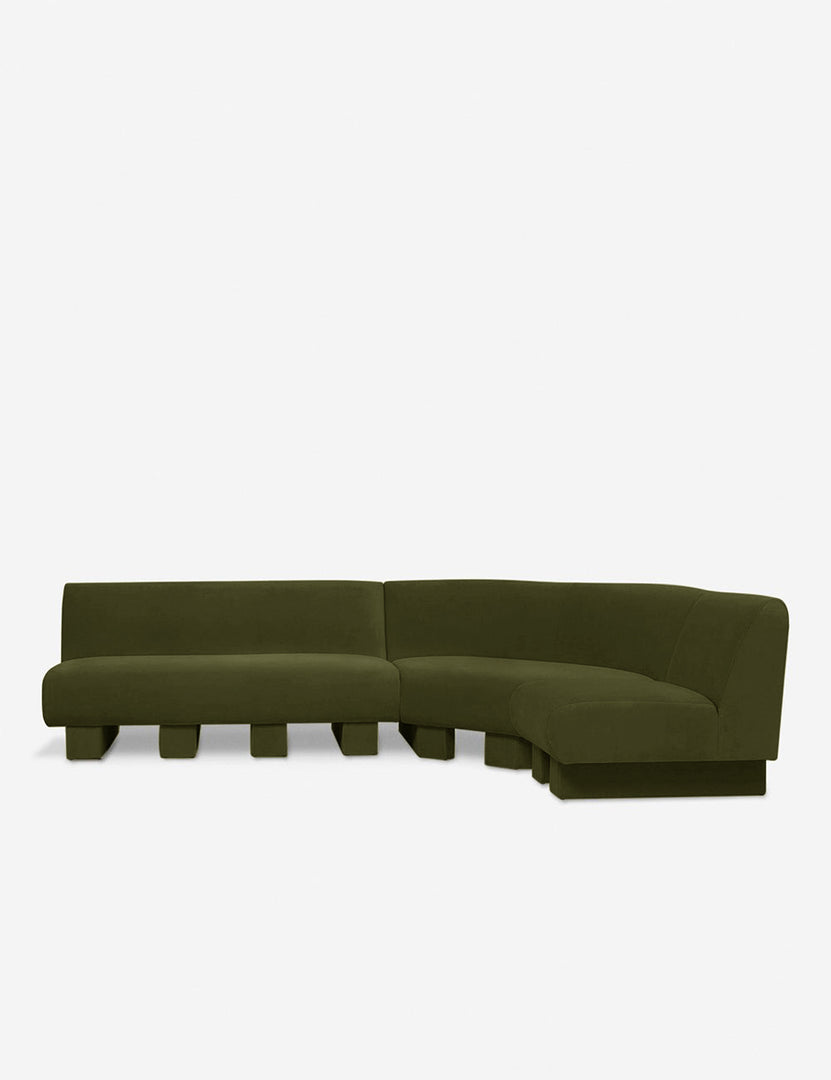 #color::Loden-velvet #configuration::right-facing #size::114-W | Lena right-facing gray velvet sectional sofa with upholstered beam legs.