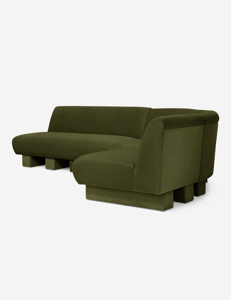 #color::Loden-velvet #configuration::right-facing #size::114-W | Angled view of the Lena right-facing gray velvet sectional sofa with upholstered beam legs.