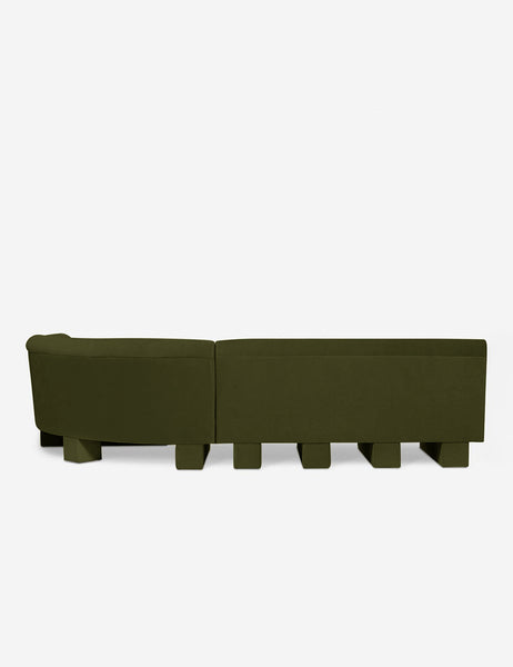 #color::Loden-velvet #configuration::right-facing #size::114-W | Rear view of the entire Lena right-facing gray velvet sectional sofa with upholstered beam legs.