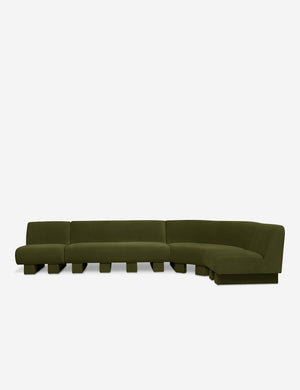 Angled view of the Lena right-facing gray velvet sectional sofa with upholstered beam legs.