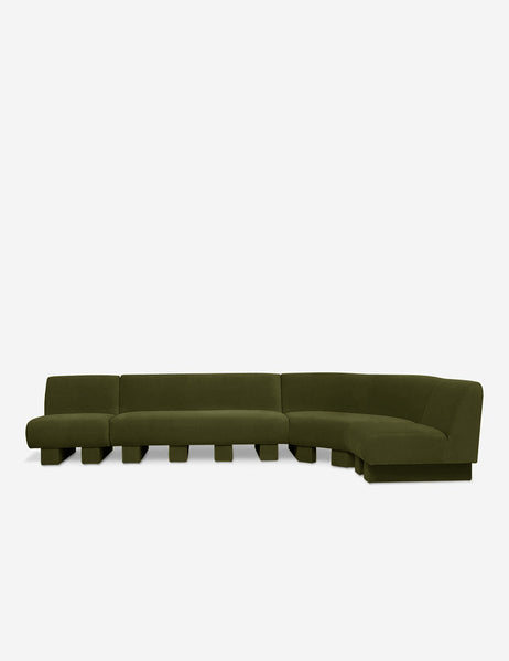 #color::Loden-velvet #configuration::right-facing #size::142-W | Angled view of the Lena right-facing gray velvet sectional sofa with upholstered beam legs.