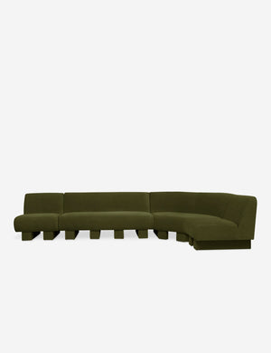 Angled view of the Lena right-facing gray velvet sectional sofa with upholstered beam legs.