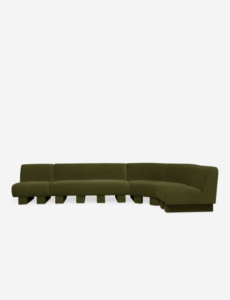 #color::Loden-velvet #configuration::right-facing #size::142-W | Angled view of the Lena right-facing gray velvet sectional sofa with upholstered beam legs.