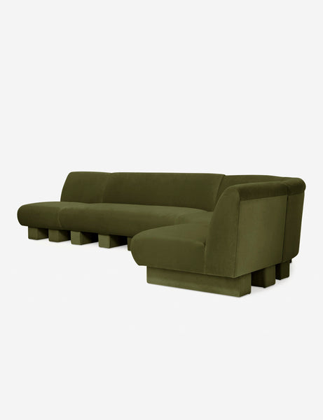 #color::Loden-velvet #configuration::right-facing #size::142-W | Angled view of the Lena right-facing gray velvet sectional sofa with upholstered beam legs.