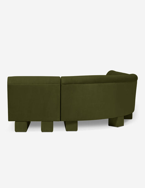 #color::Loden-velvet #configuration::right-facing #size::142-W | Rear view of the side of the Lena right-facing gray velvet sectional sofa with upholstered beam legs.