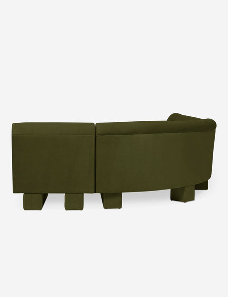 #color::Loden-velvet #configuration::left-facing #size::142-W | Rear view of the side of the Lena right-facing gray velvet sectional sofa with upholstered beam legs.