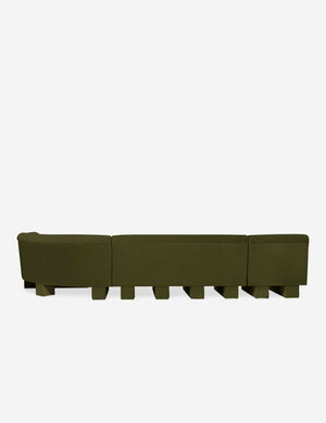 Rear view of the entire Lena right-facing gray velvet sectional sofa with upholstered beam legs.