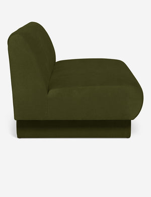 Side view of the Centerpiece of the gray velvet sectional sofa with upholstered beam legs