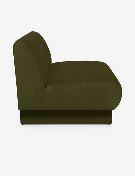 #color::Loden-velvet #configuration::left-facing #configuration::right-facing #size::142-W #size::114-W | Side view of the Centerpiece of the gray velvet sectional sofa with upholstered beam legs