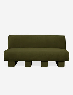 Centerpiece of the Lena gray velvet sectional sofa with upholstered beam legs