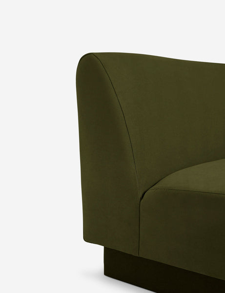 #color::Loden-velvet #configuration::left-facing #configuration::right-facing #size::142-W #size::114-W | Close-up of the gray velvet fabric and the connectors on the base of the gray velvet sectional sofa