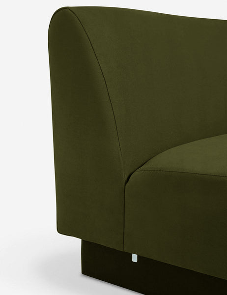 #color::Loden-velvet #configuration::left-facing #configuration::right-facing #size::142-W #size::114-W | Close-up of the gray velvet fabric and the connectors on the base of the gray velvet sectional sofa