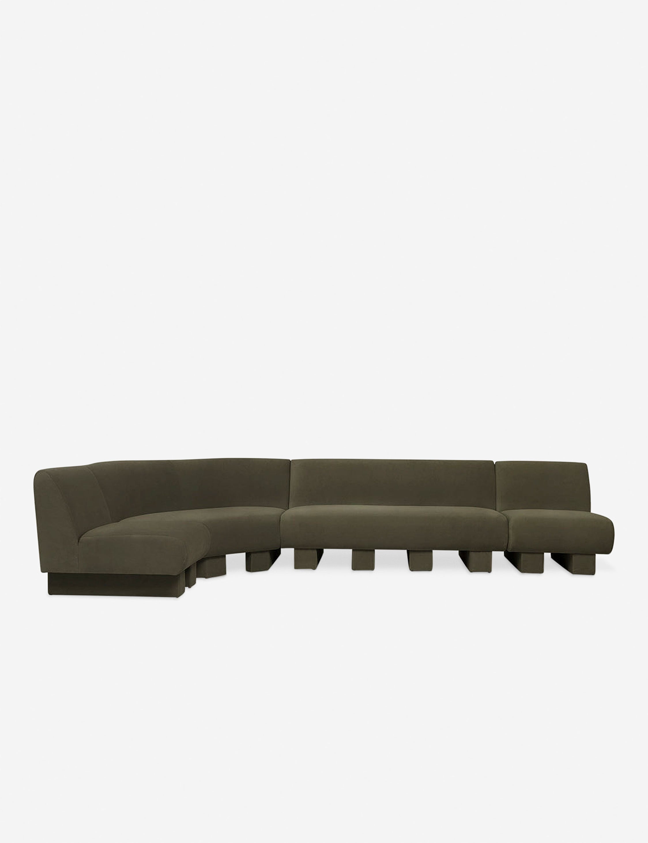 #color::Loden-velvet #configuration::left-facing #size::142-W | Lena left-facing gray velvet sectional sofa with upholstered beam legs.