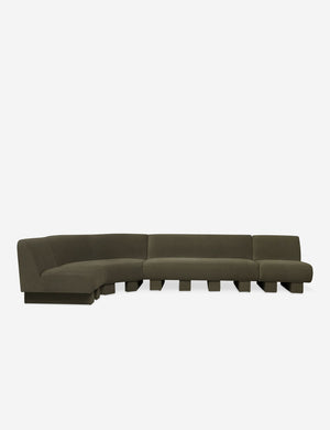 Lena left-facing gray velvet sectional sofa with upholstered beam legs.