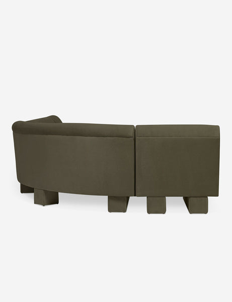 #color::Loden-velvet #configuration::right-facing #size::142-W | Rear view of the side of the Lena left-facing gray velvet sectional sofa with upholstered beam legs.