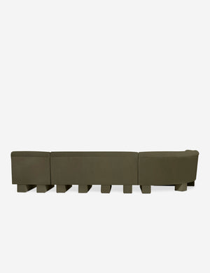 Rear view of the entire Lena left-facing gray velvet sectional sofa with upholstered beam legs.