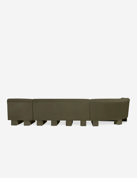 #color::Loden-velvet #configuration::left-facing #size::142-W | Rear view of the entire Lena left-facing gray velvet sectional sofa with upholstered beam legs.