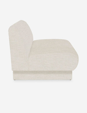 Side view of the Centerpiece of the natural linen sectional sofa with upholstered beam legs