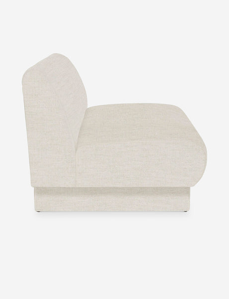 #color::Natural-Linen #configuration::left-facing #configuration::right-facing #size::142-W #size::114-W | Side view of the Centerpiece of the natural linen sectional sofa with upholstered beam legs