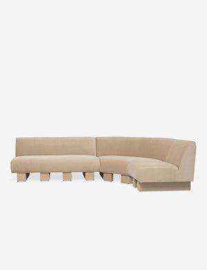 Lena right-facing beige velvet sectional sofa with upholstered beam legs.