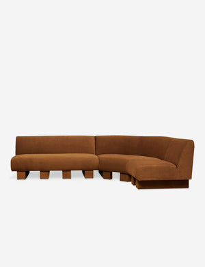 Lena right-facing cognac velvet sectional sofa with upholstered beam legs.