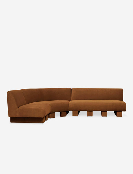 #color::Cognac-Velvet #configuration::left-facing #size::114-W | Lena left-facing cognac velvet sectional sofa with upholstered beam legs.