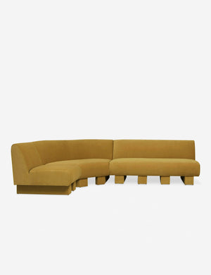 Lena left-facing yellow velvet sectional sofa with upholstered beam legs.