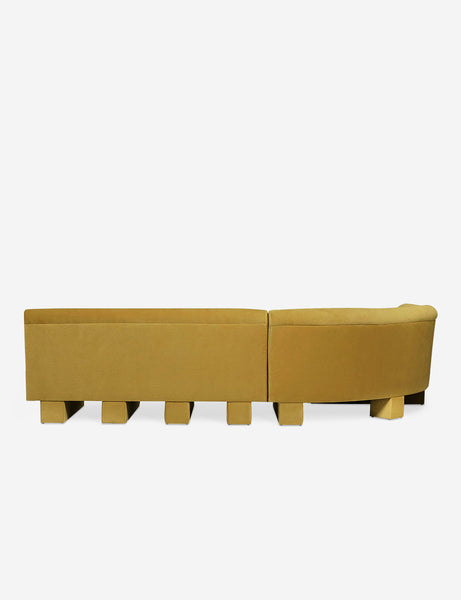 #color::goldenrod-plush-velvet #configuration::left-facing #size::114-W | Rear view of the entire Lena left-facing yellow velvet sectional sofa with upholstered beam legs.