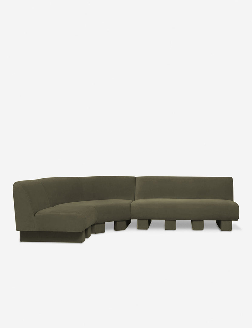 #color::Loden-velvet #configuration::left-facing #size::114-W | Lena left-facing gray velvet sectional sofa with upholstered beam legs.