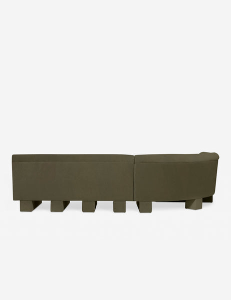 #color::Loden-velvet #configuration::left-facing #size::114-W | Rear view of the entire Lena left-facing gray velvet sectional sofa with upholstered beam legs.