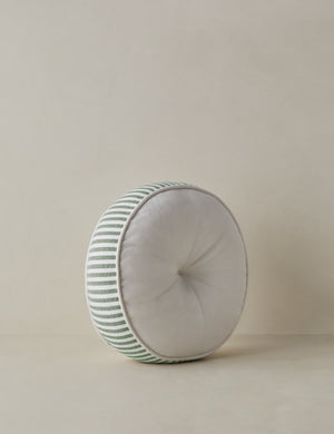 Angled view of the Littu Indoor / Outdoor Striped Disc Pillow by Sarah Sherman Samuel in Moss