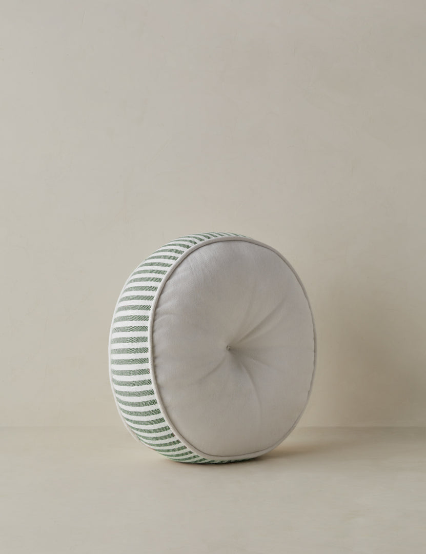 #color::moss | Angled view of the Littu Indoor / Outdoor Striped Disc Pillow by Sarah Sherman Samuel in Moss