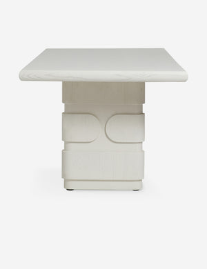 Side profile of the Lowen double pedestal base white washed dining table.
