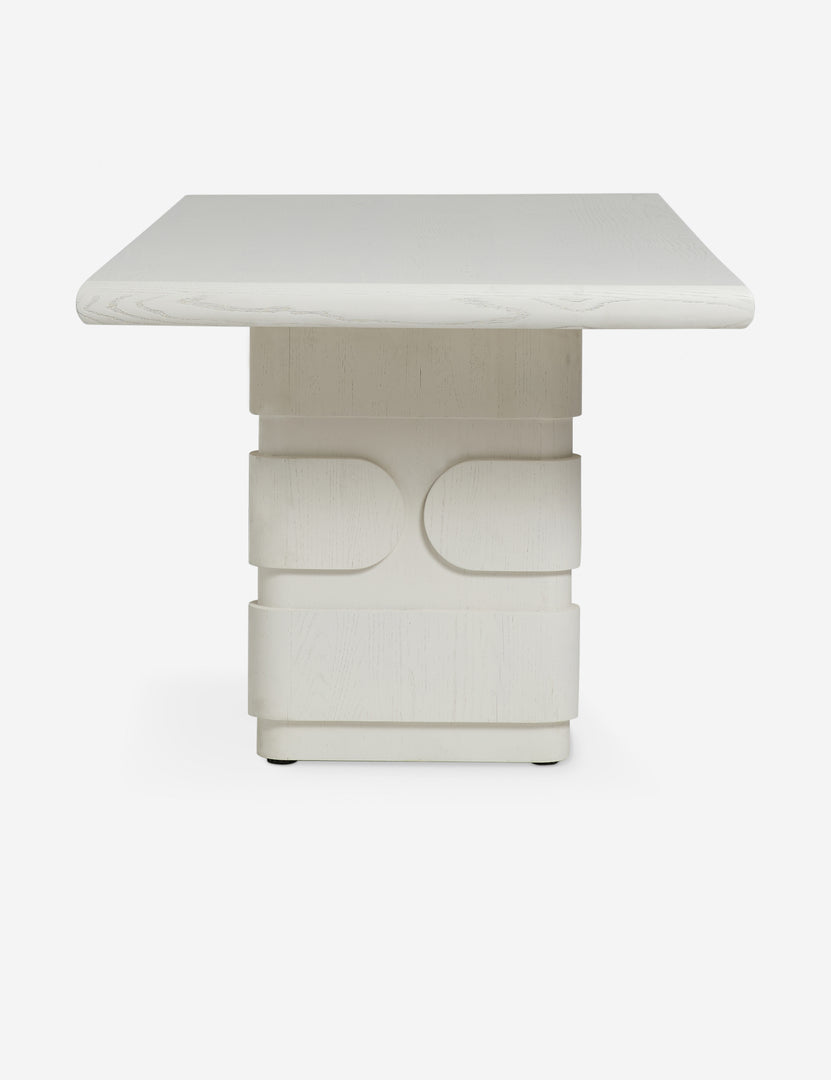#color::white-wash | Side profile of the Lowen double pedestal base white washed dining table.