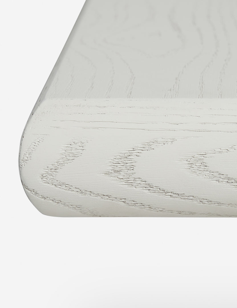 #color::white-wash | Close up of the Lowen double pedestal base white washed dining table.