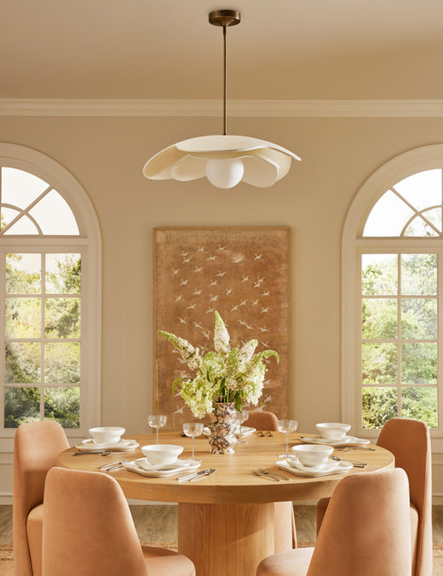 #color::ivory #size::30-dia | Soft Petal matte white floral silhouette pendant light hanging over a dining table