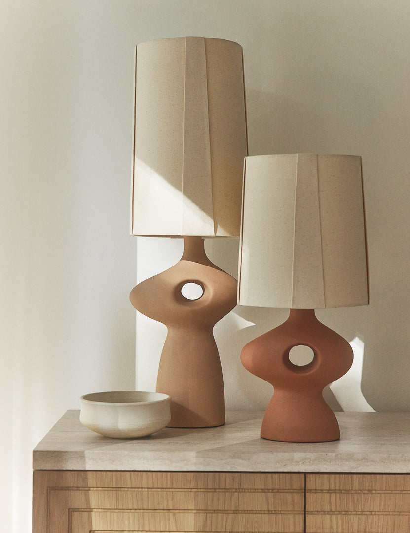 #color::terracotta | Both variations of the Rhodes sculptural ceramic table lamp.