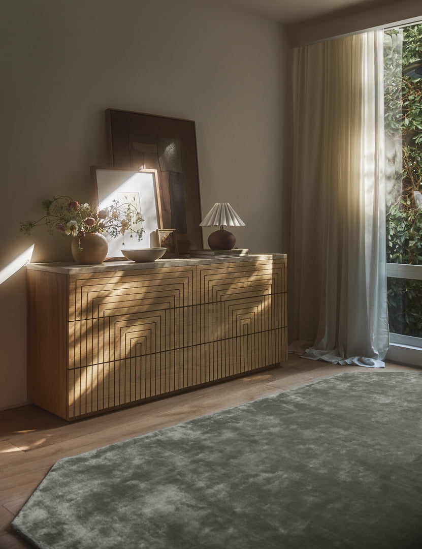 #color::natural-oak | Bedroom featuring the Rayner carved linear detailing oak six drawer dresser.