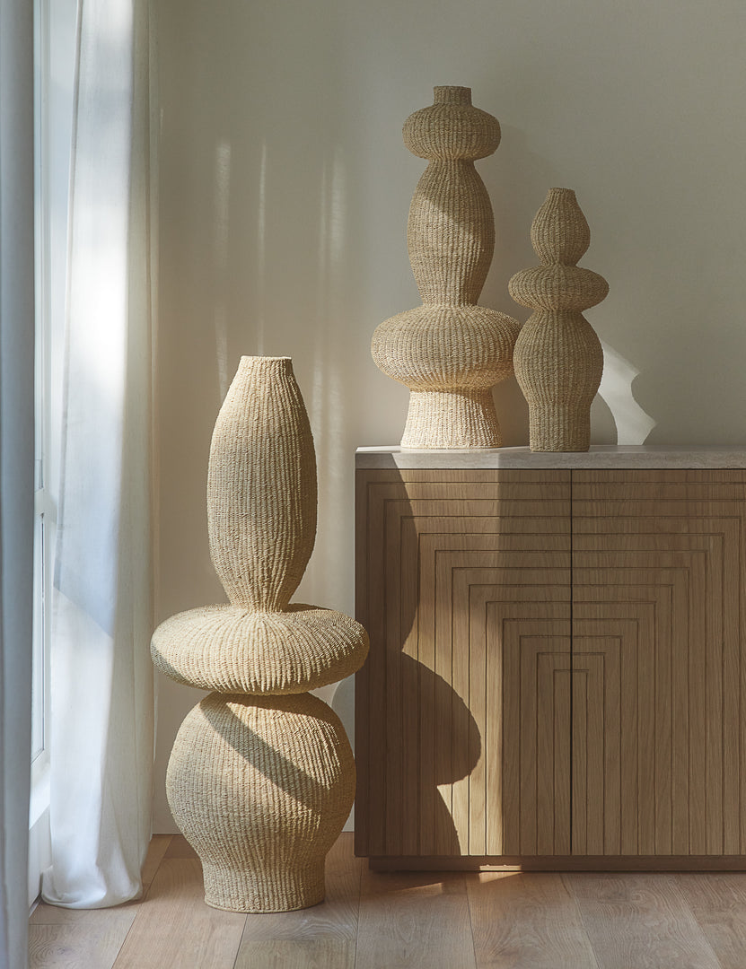#color::natural #size::medium | Set of three Lilia woven decorative floor vases.