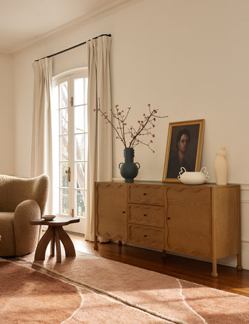 #color::natural | Living room featuring the Fontaine wavy detailing solid oak sideboard by Aimee Song