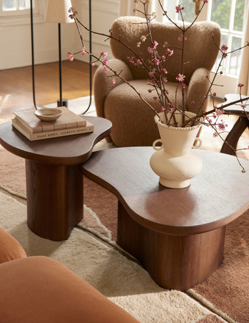 #color::cool-brown #size::large #size::small | Living room featuring the Torino sculptural dark brown nesting coffee table by Aimee Song