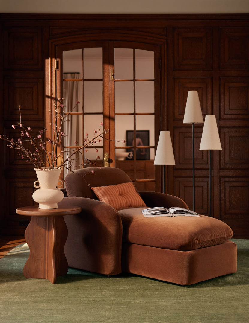 #style::lumbar #color::saffron | Welby striped tufted button linen throw pillow by Aimee Song styled on a chaise lounge chair