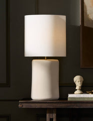 #color::cream | Elkin tone-on-tone design ceramic table lamp styled on a console table
