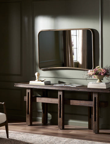 #color::walnut | Picart arched base slim frame mantel mirror hung above a console table
