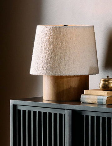 #color::cream | Mulberry boucle shade mixed-material table lamp styled on a sideboard cabinet