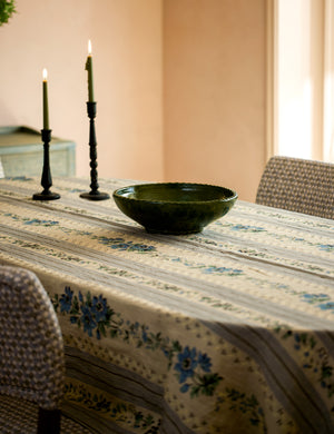 Dining table styled with the Golden floral stripe linen tablecloth by Heidi Caillier