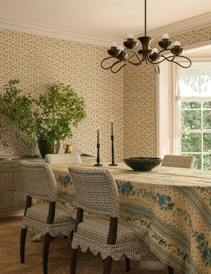 Dining table styled with the Golden floral stripe linen tablecloth by Heidi Caillier